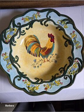Vtg Margaret Le Van Hand-painted Large Floral Rooster Serving/Pasta Bowl by Jay
